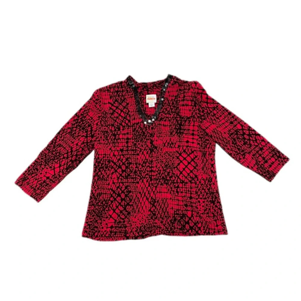 Ruby Rd. Favorites Red Black Sequined 3/4 Sleeve Cotton Blend Shirt Women’s L